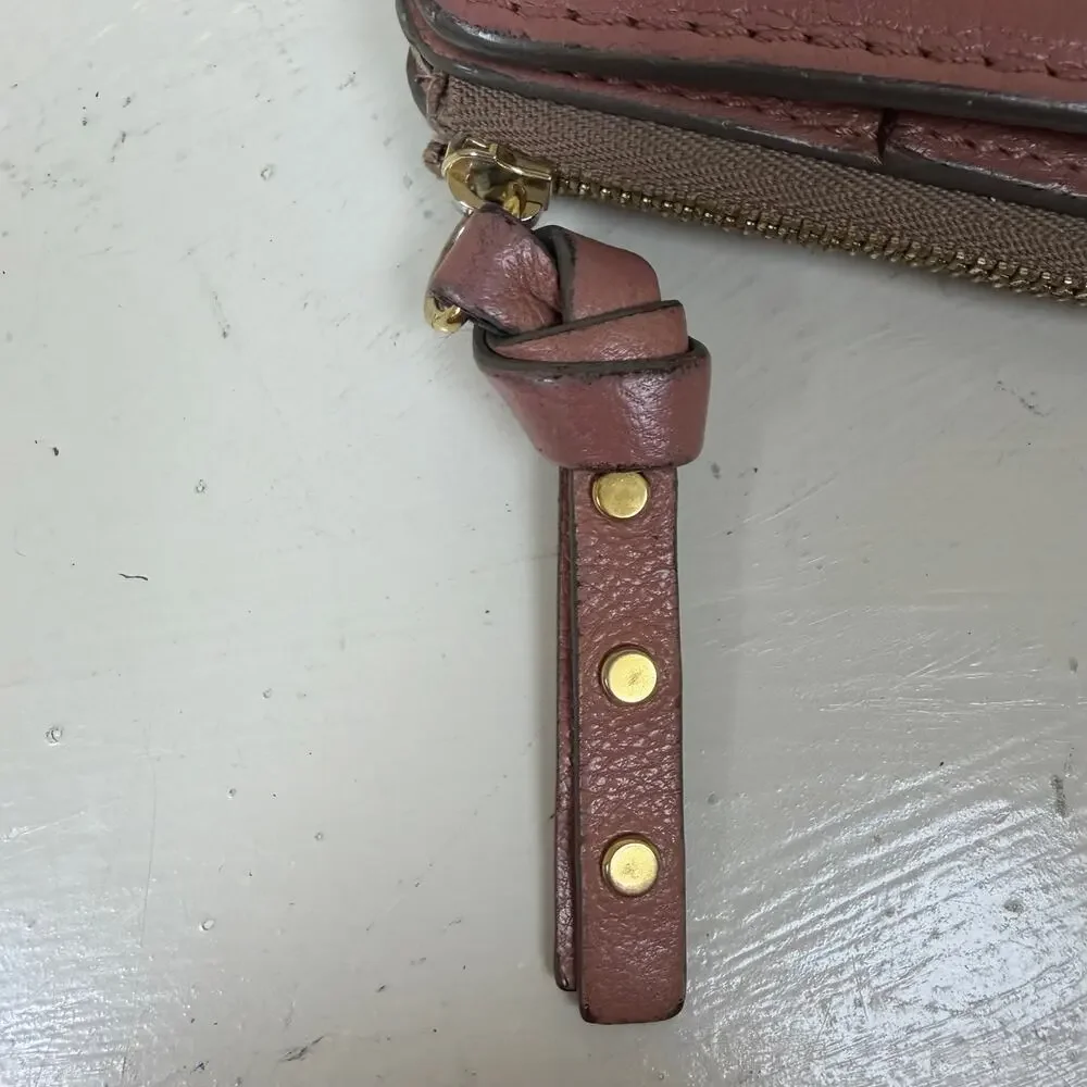 Authentic Chloe pink leather compact wallet gold toned plaque zip around closure